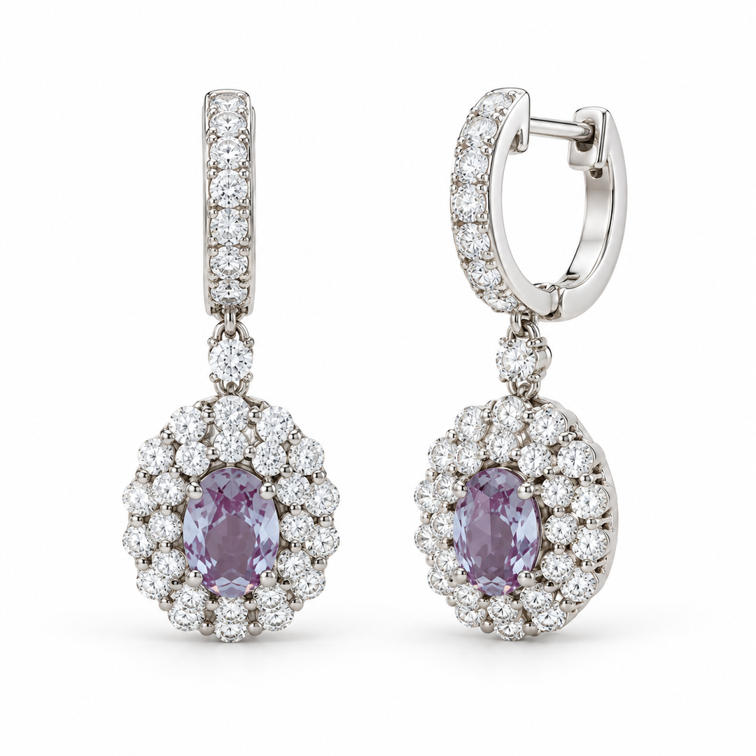Oval Lab Alexandrite Halo Drop Earrings in 14K White Gold