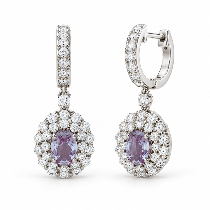 Oval Lab Alexandrite Halo Drop Earrings in 14K White Gold