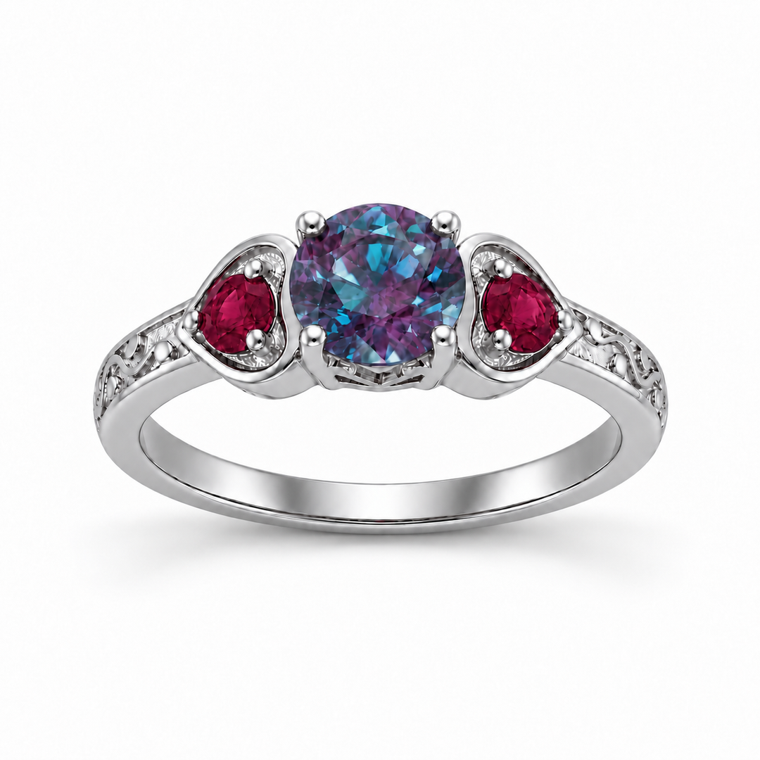 The Roserie — Alexandrite & Ruby Three-Stone Ring in platinum