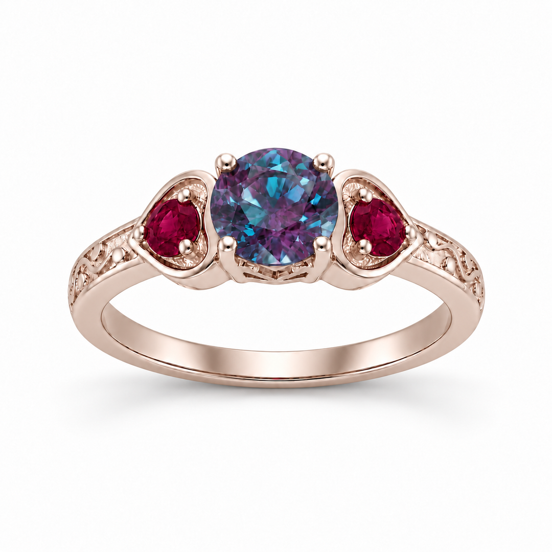 The Roserie — Alexandrite & Ruby Three-Stone Ring in rose gold
