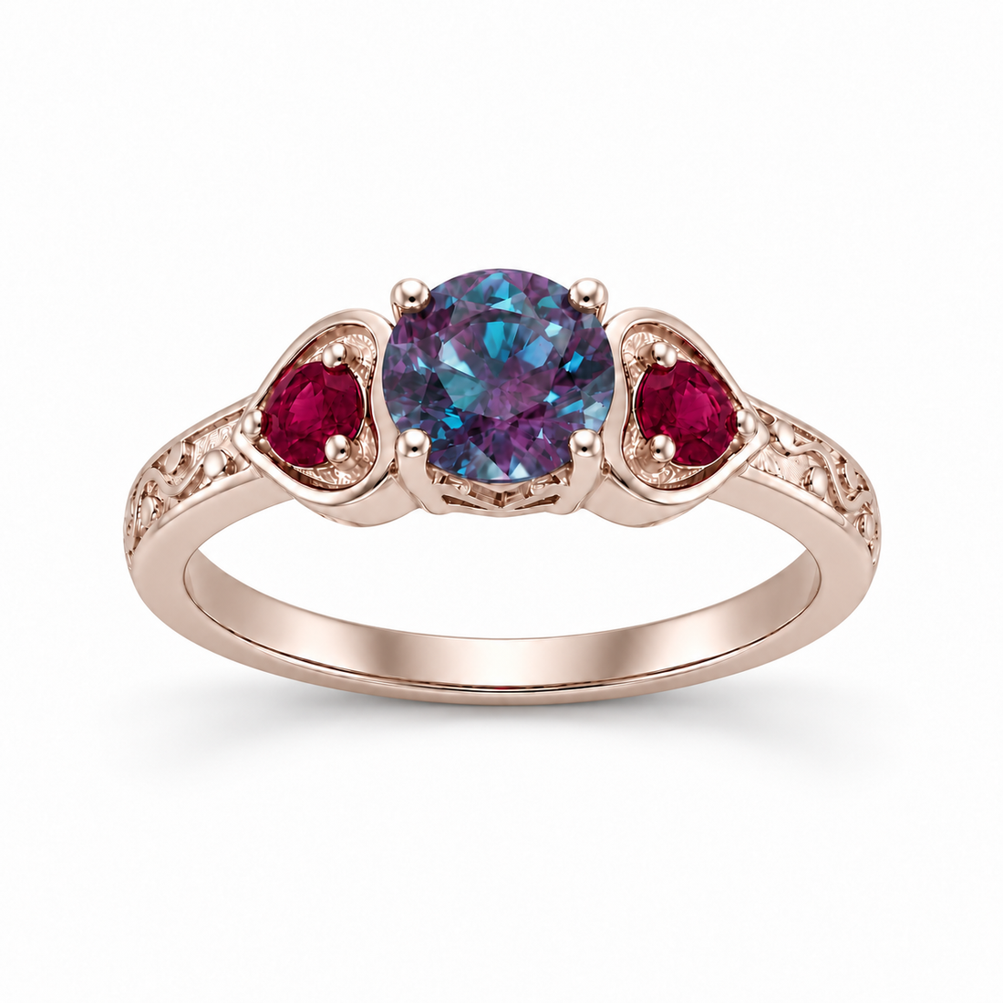 The Roserie — Alexandrite & Ruby Three-Stone Ring in rose gold