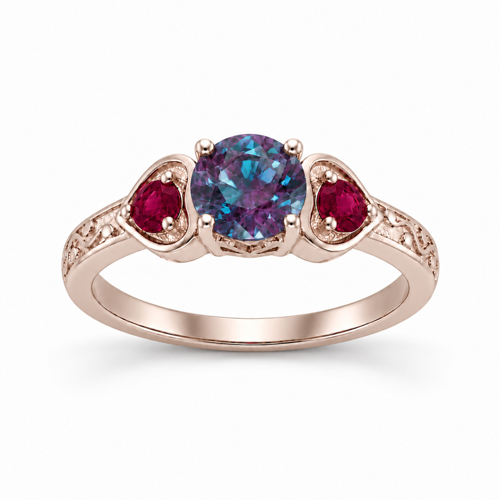 The Roserie — Alexandrite & Ruby Three-Stone Ring in rose gold