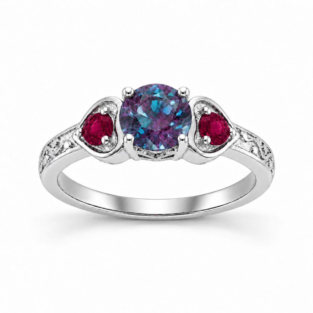 The Roserie — Alexandrite & Ruby Three-Stone Ring in white gold