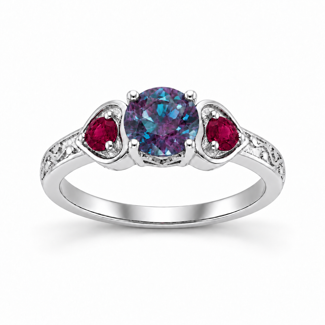 The Roserie — Alexandrite & Ruby Three-Stone Ring in white gold