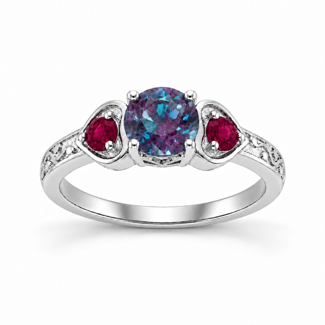The Roserie — Alexandrite & Ruby Three-Stone Ring in white gold