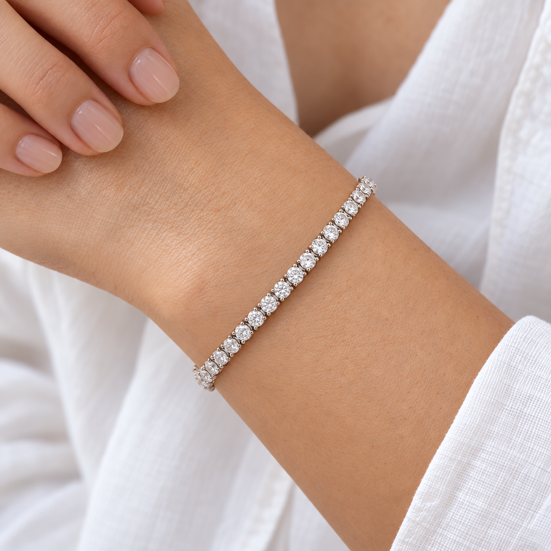 Round Lab Diamond Tennis Bracelet, 4ctw (3mm) worn on the wrist, shown true to size