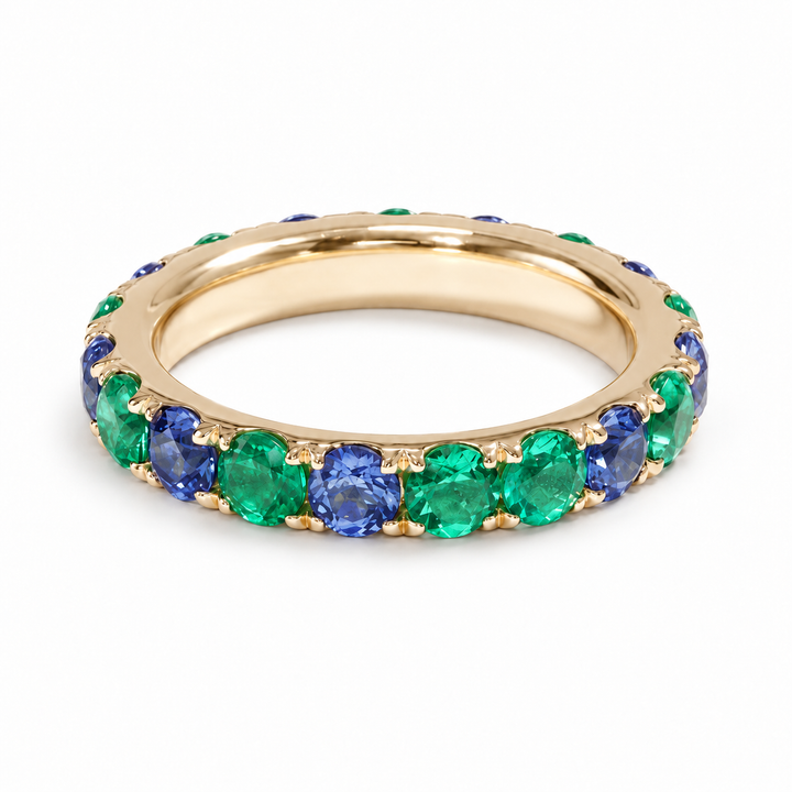 Colombian Emerald & Blue Sapphire Alternating Eternity Band (3.5mm, 3.60ctw) in yellow gold