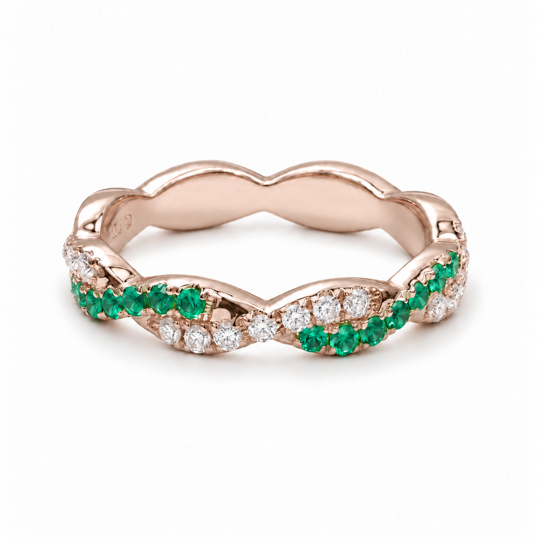 Colombian Emerald & Diamond Twist Band (3.2mm, 0.756ctw) in rose gold