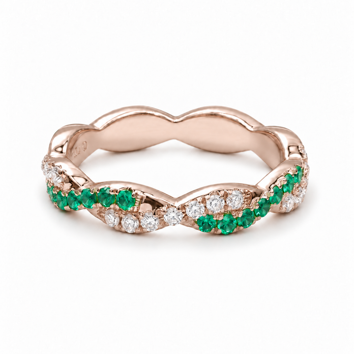 Colombian Emerald & Diamond Twist Band (3.2mm, 0.756ctw) in rose gold