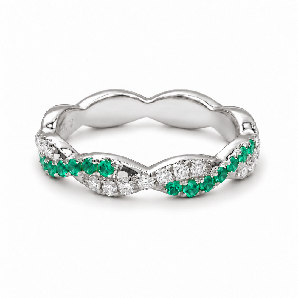 Colombian Emerald & Diamond Twist Band (3.2mm, 0.756ctw) in white gold