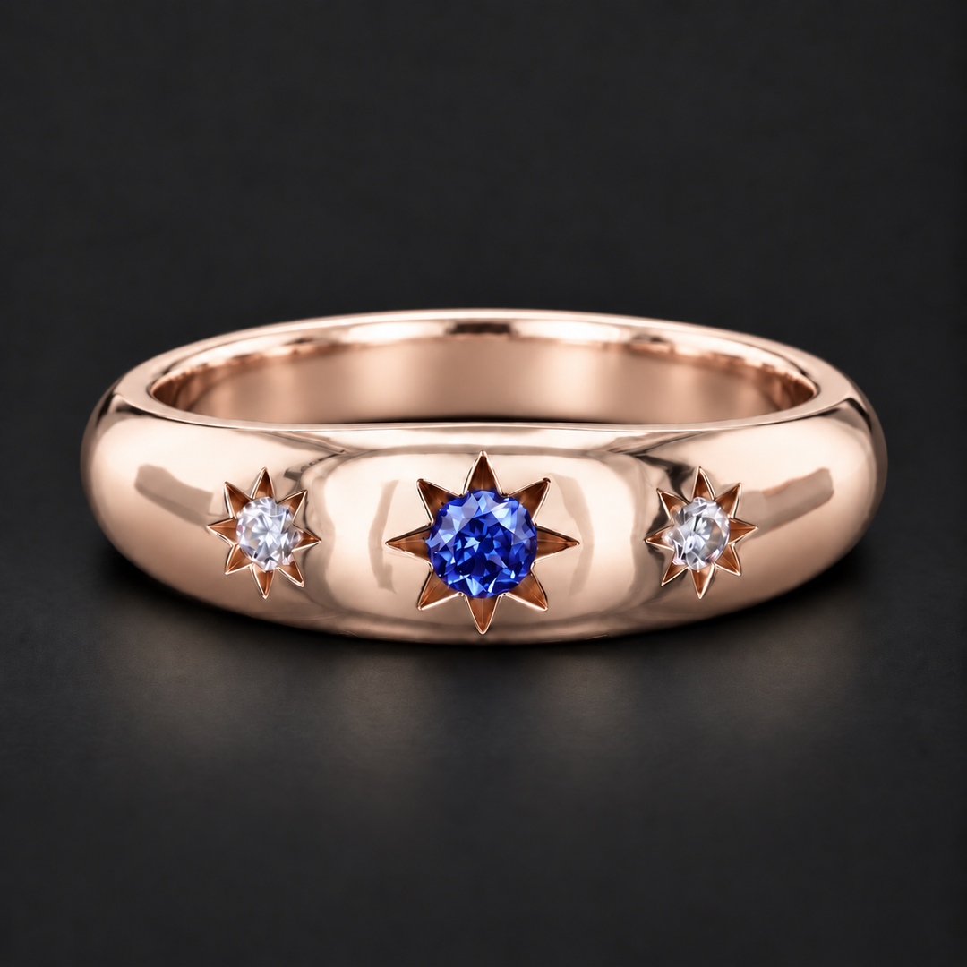 The Stella — Blue Round Sapphire Star-Set Dome Band Ring in rose gold
