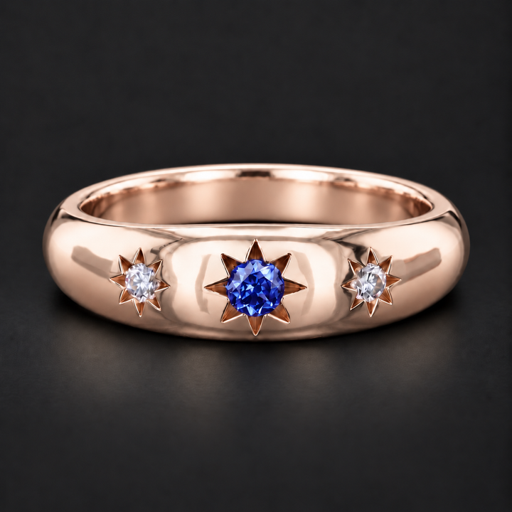 The Stella — Blue Round Sapphire Star-Set Dome Band Ring in rose gold