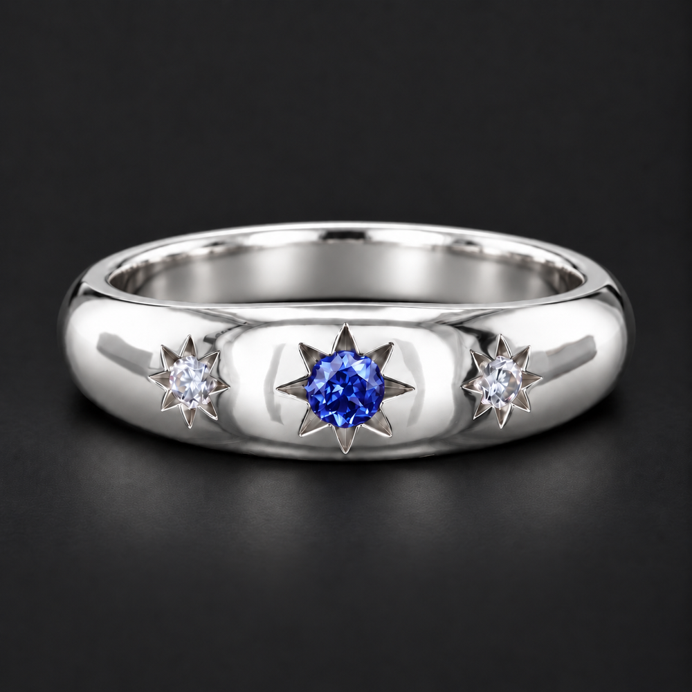 The Stella — Blue Round Sapphire Star-Set Dome Band Ring in white gold