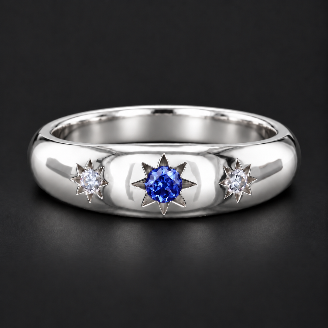The Stella — Blue Round Sapphire Star-Set Dome Band Ring in white gold