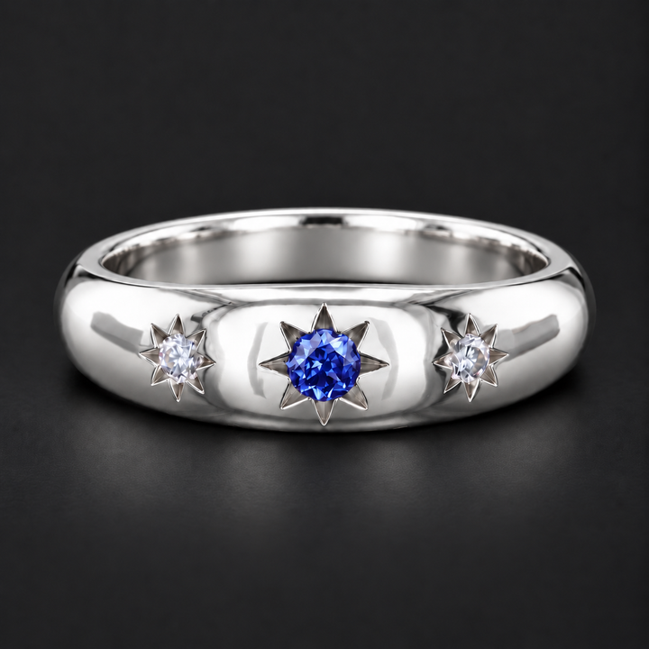 The Stella — Blue Round Sapphire Star-Set Dome Band Ring in white gold