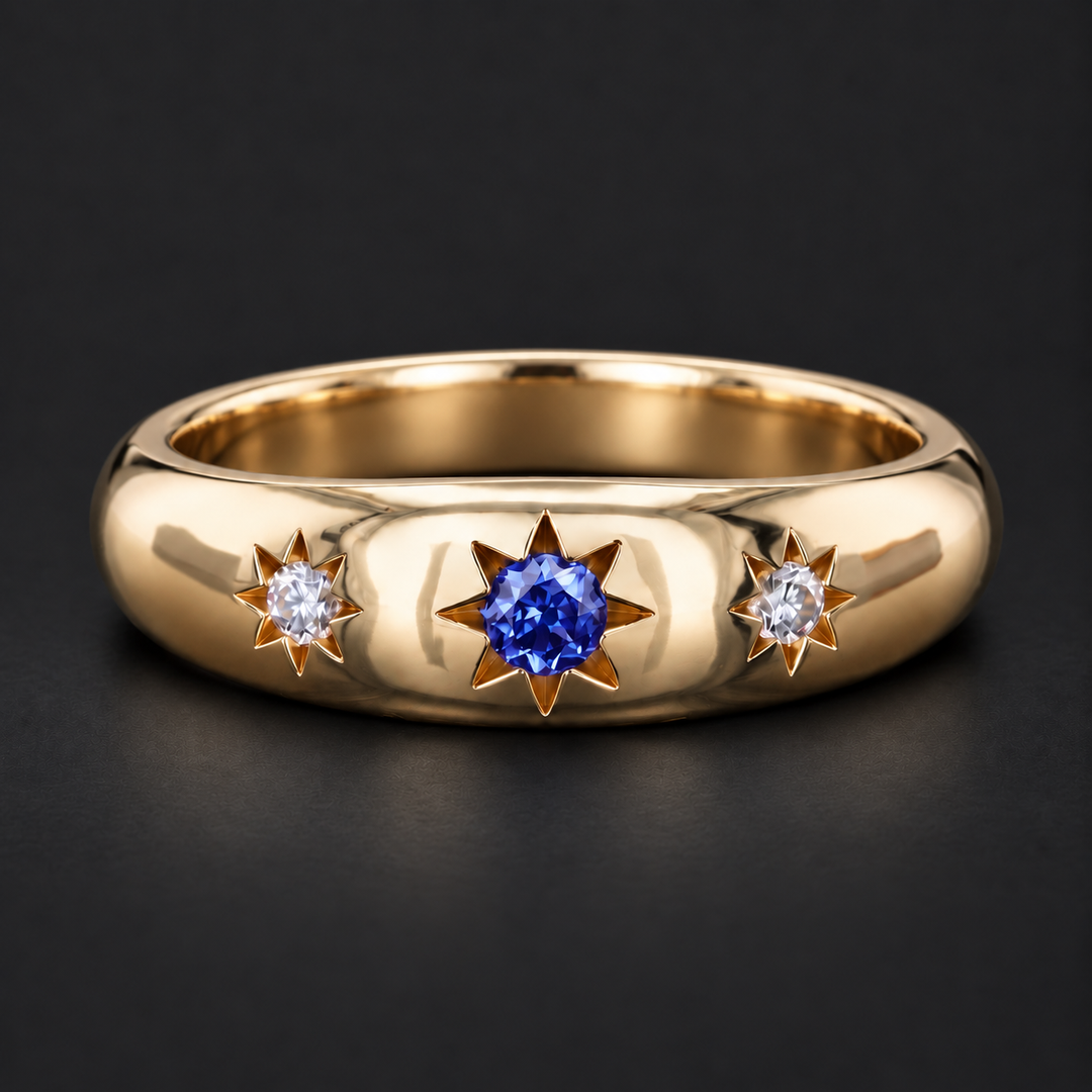 The Stella — Blue Round Sapphire Star-Set Dome Band Ring in yellow gold