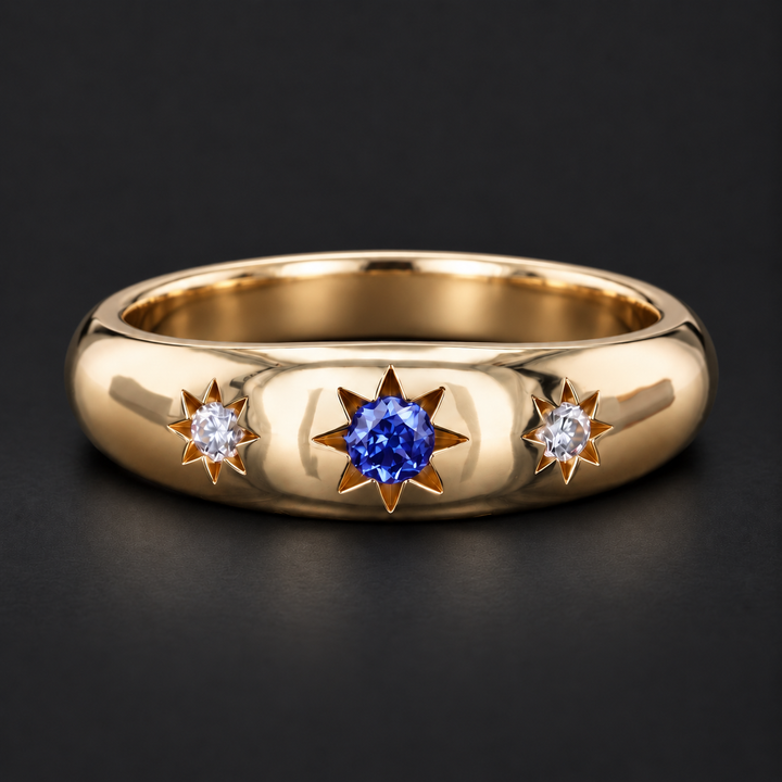 The Stella — Blue Round Sapphire Star-Set Dome Band Ring in yellow gold