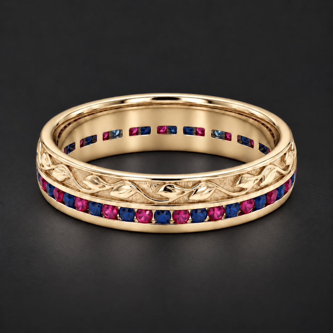 Ruby & Sapphire Channel-Set Wedding Band (5mm) in yellow gold