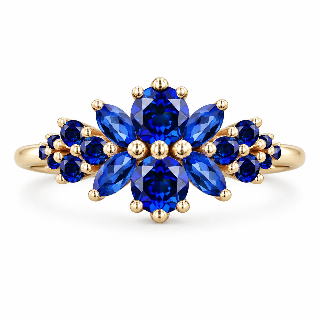Roseraie lab blue sapphire floral ring, front view on white