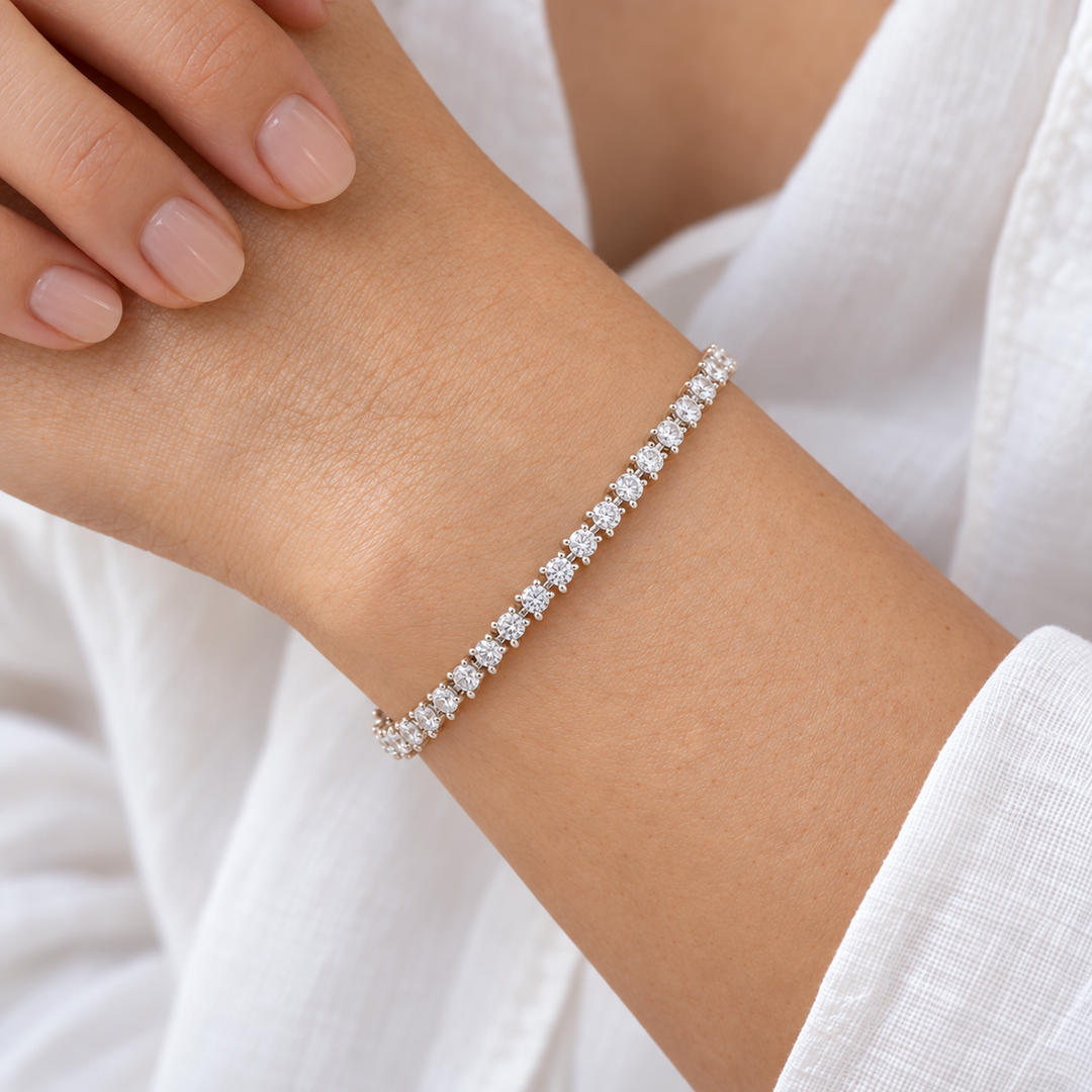 Three-Prong Round Lab Diamond Tennis Bracelet worn on the wrist, shown true to size