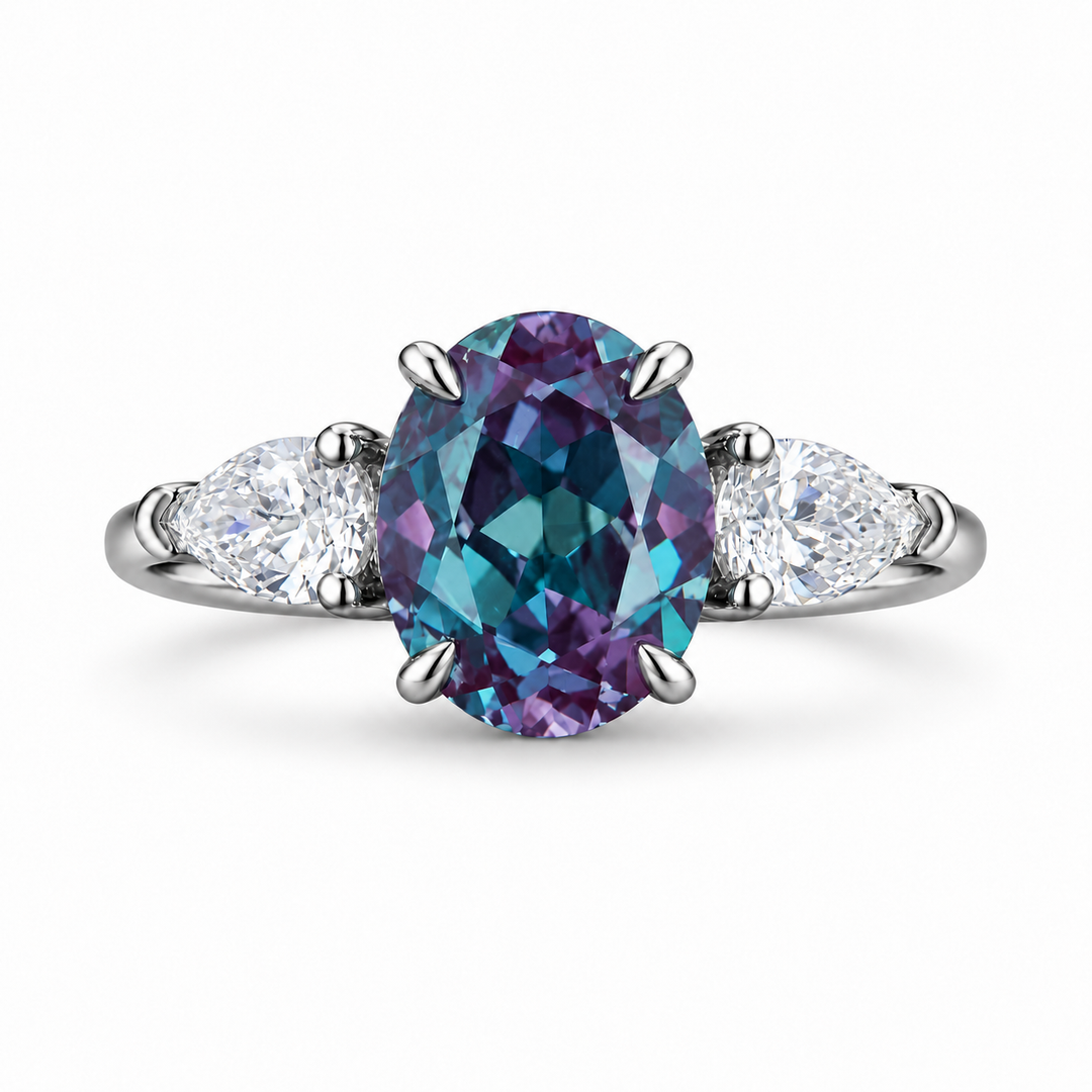 The Virelle — Oval Alexandrite Three-Stone Ring in platinum