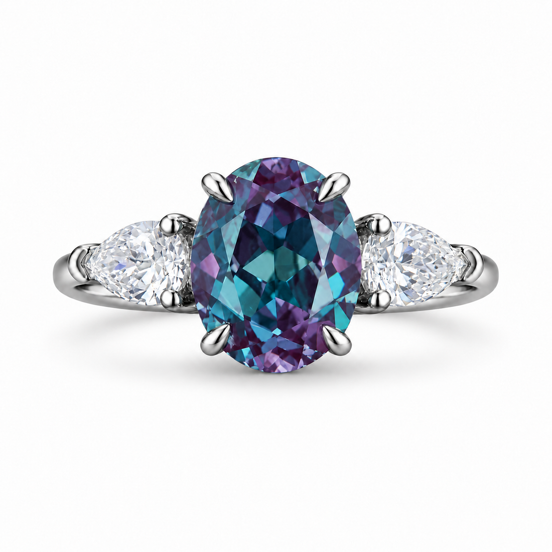 The Virelle — Oval Alexandrite Three-Stone Ring in platinum