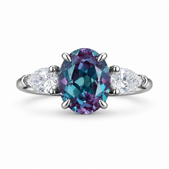 The Virelle — Oval Alexandrite Three-Stone Ring in platinum