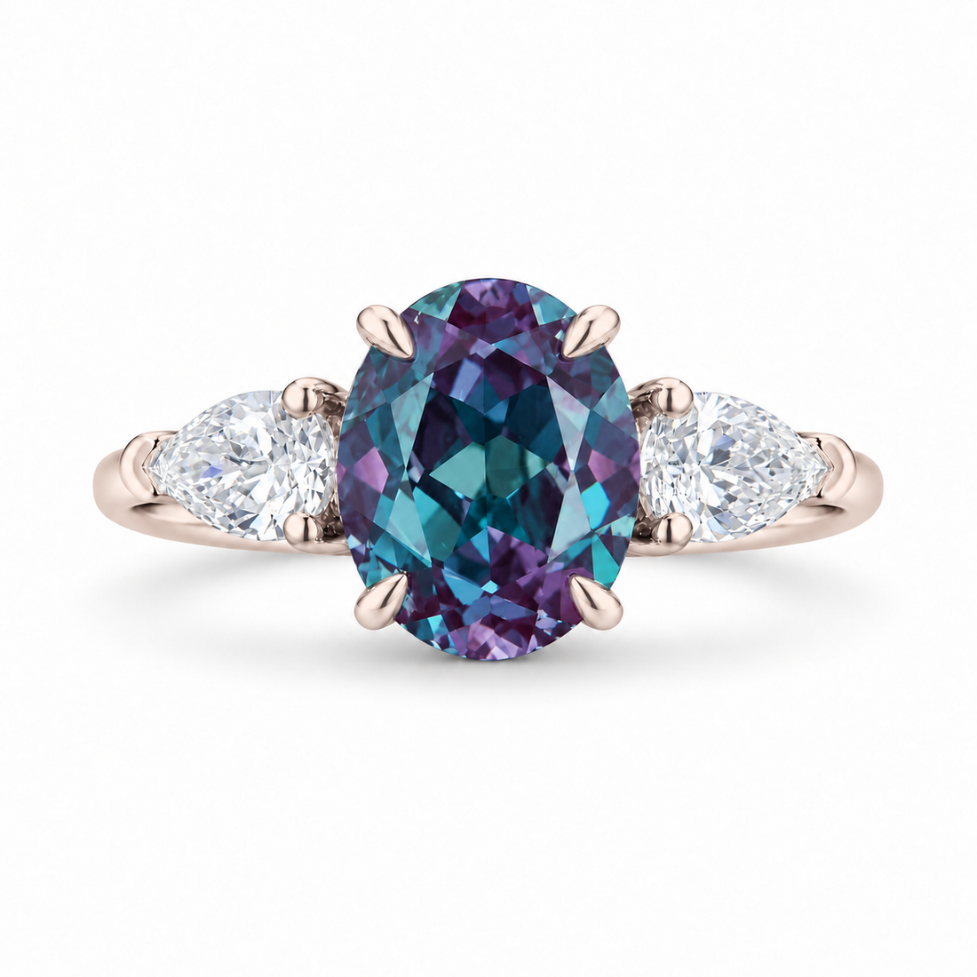 The Virelle — Oval Alexandrite Three-Stone Ring in rose gold