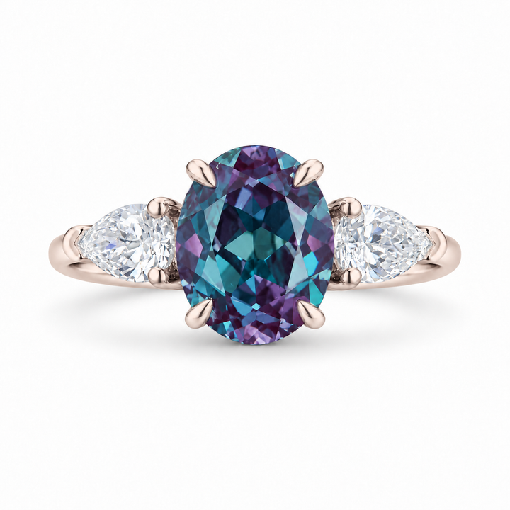 The Virelle — Oval Alexandrite Three-Stone Ring in rose gold