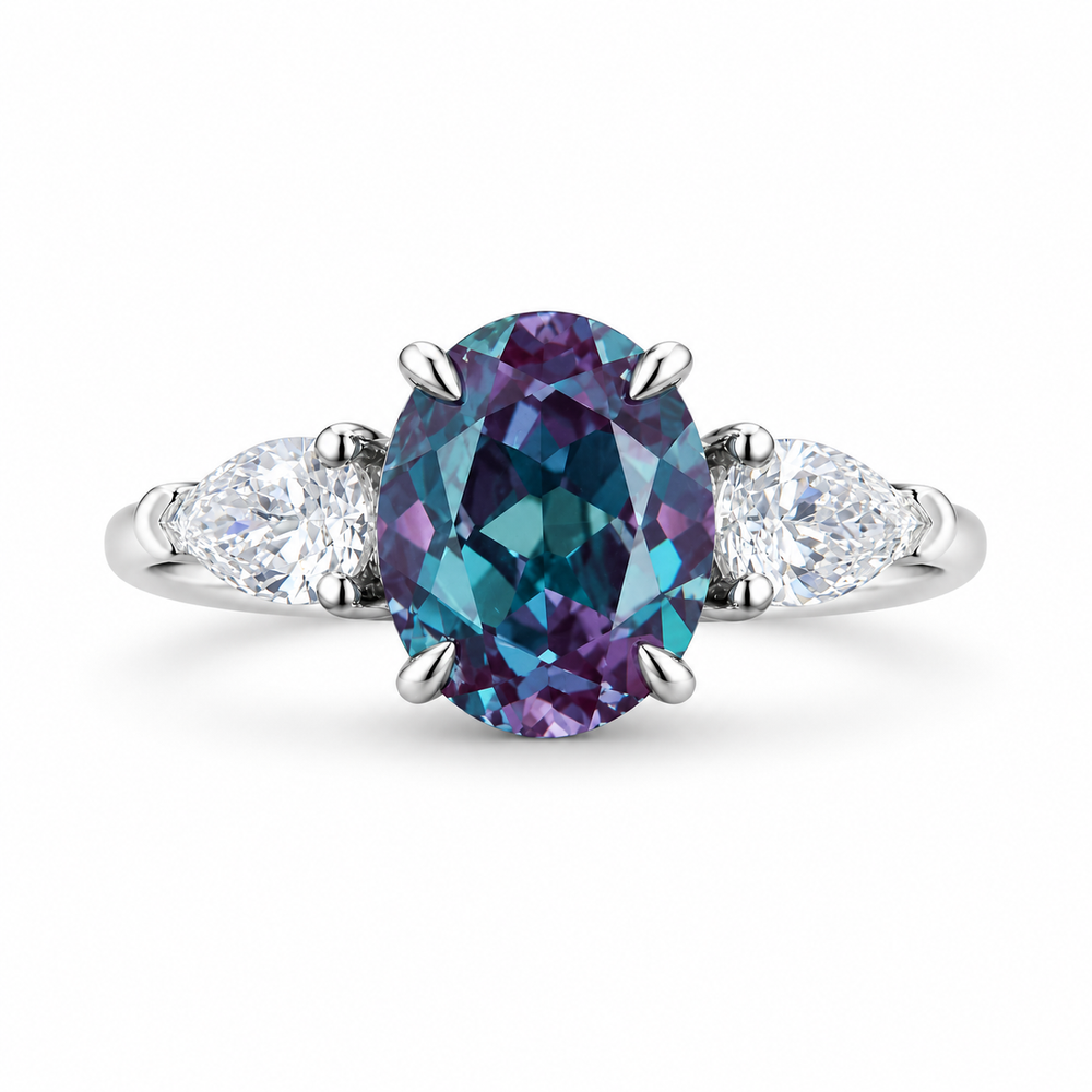 The Virelle — Oval Alexandrite Three-Stone Ring in white gold