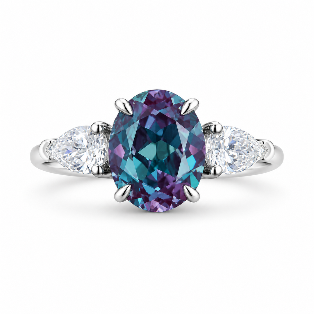 The Virelle — Oval Alexandrite Three-Stone Ring in white gold