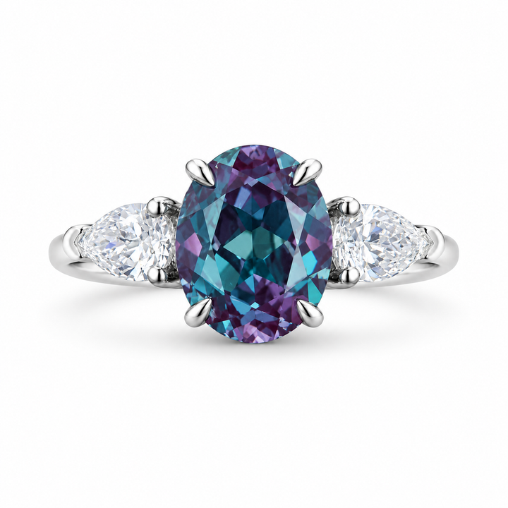 The Virelle — Oval Alexandrite Three-Stone Ring in white gold