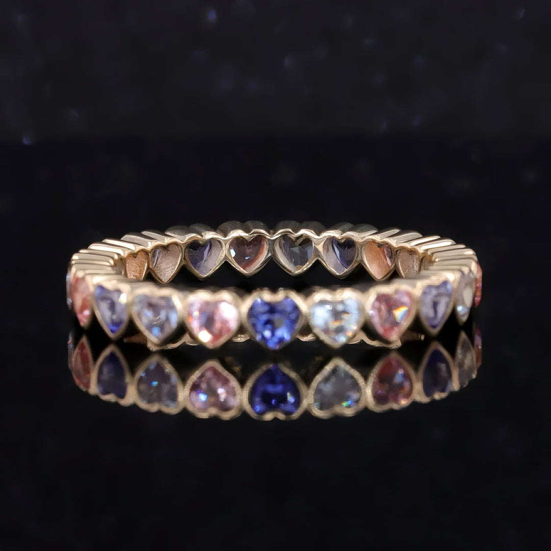 3.3mm, 3.50ctw Heart Cut Blue/Pink Sapphire/Alexandrite Eternity Ring in 14K Yellow Gold