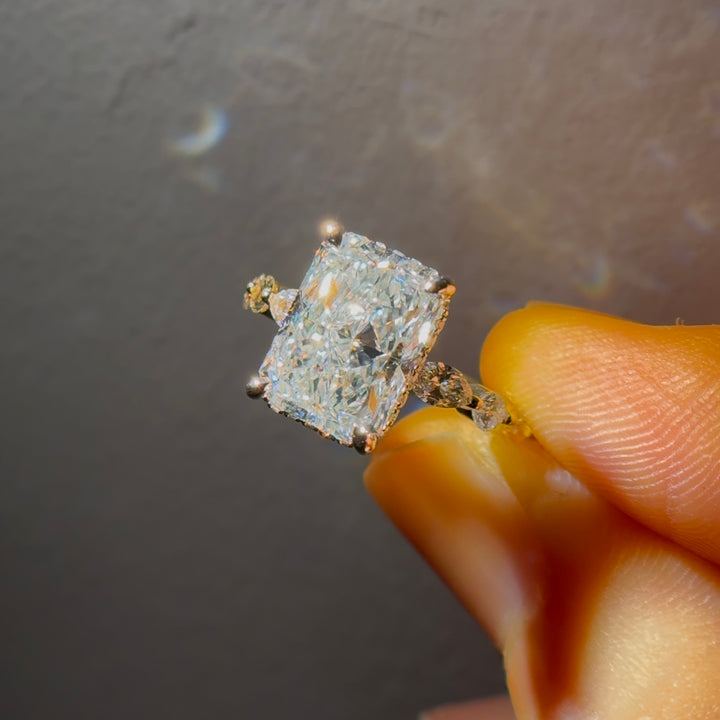 Customized™ 4.00ct Radiant Lab-Grown Diamond Ring with Hidden Halo and Diamond Band in Yellow Gold and Platinum