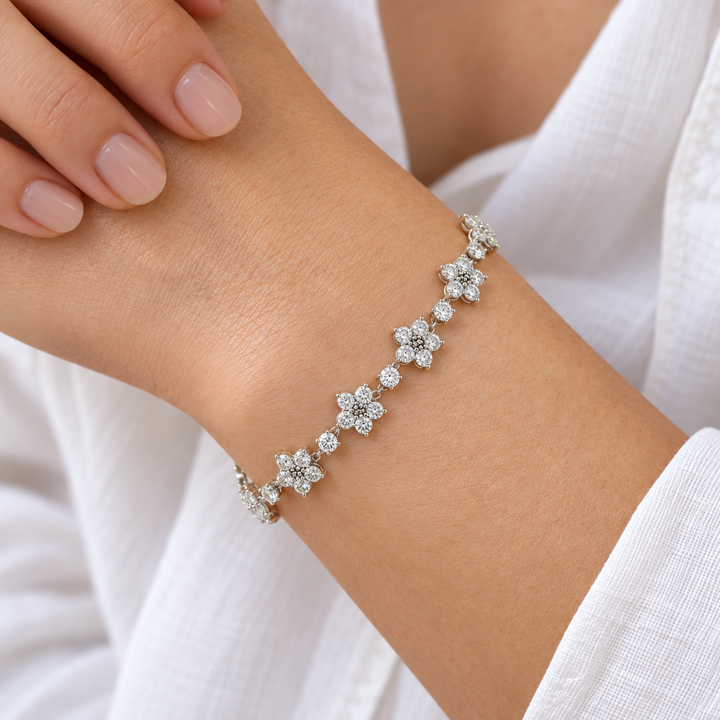 Lab Diamond Flower Bracelet worn on the wrist, shown true to size