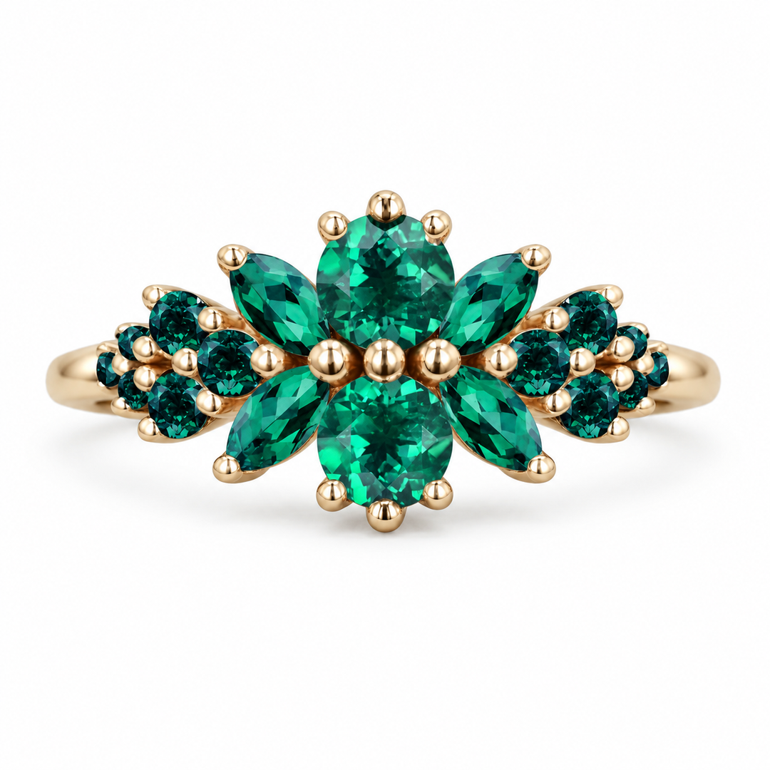 Roseraie lab emerald floral ring, front view on white