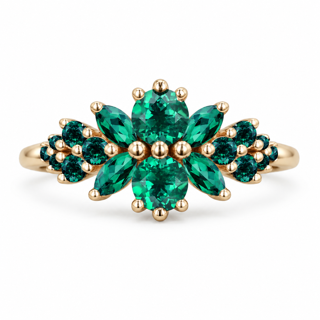 Roseraie lab emerald floral ring, front view on white