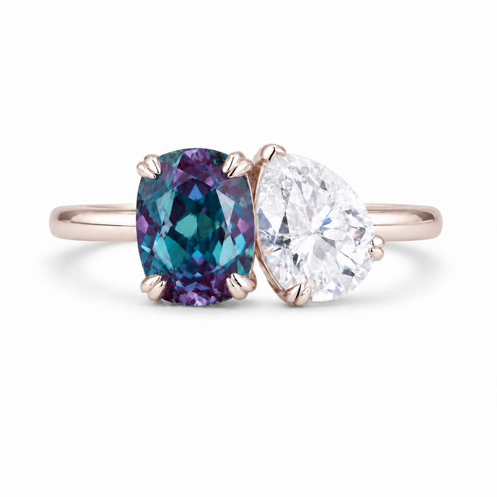 The Solenne — Alexandrite & Diamond Toi et Moi Ring in rose gold
