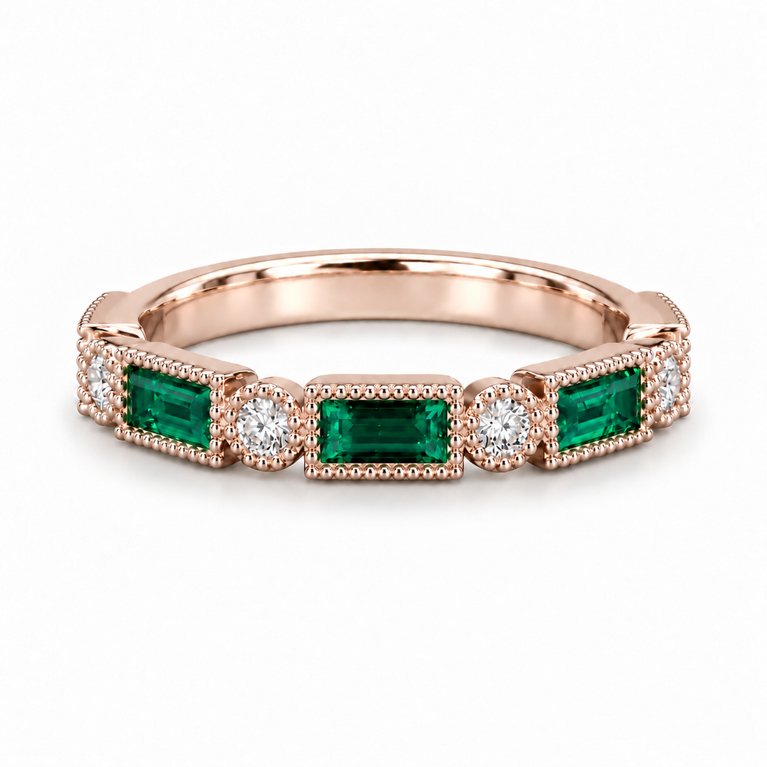 Baguette Colombian Emerald & Diamond Half-Eternity Band (2x5mm, 0.75ctw) in rose gold