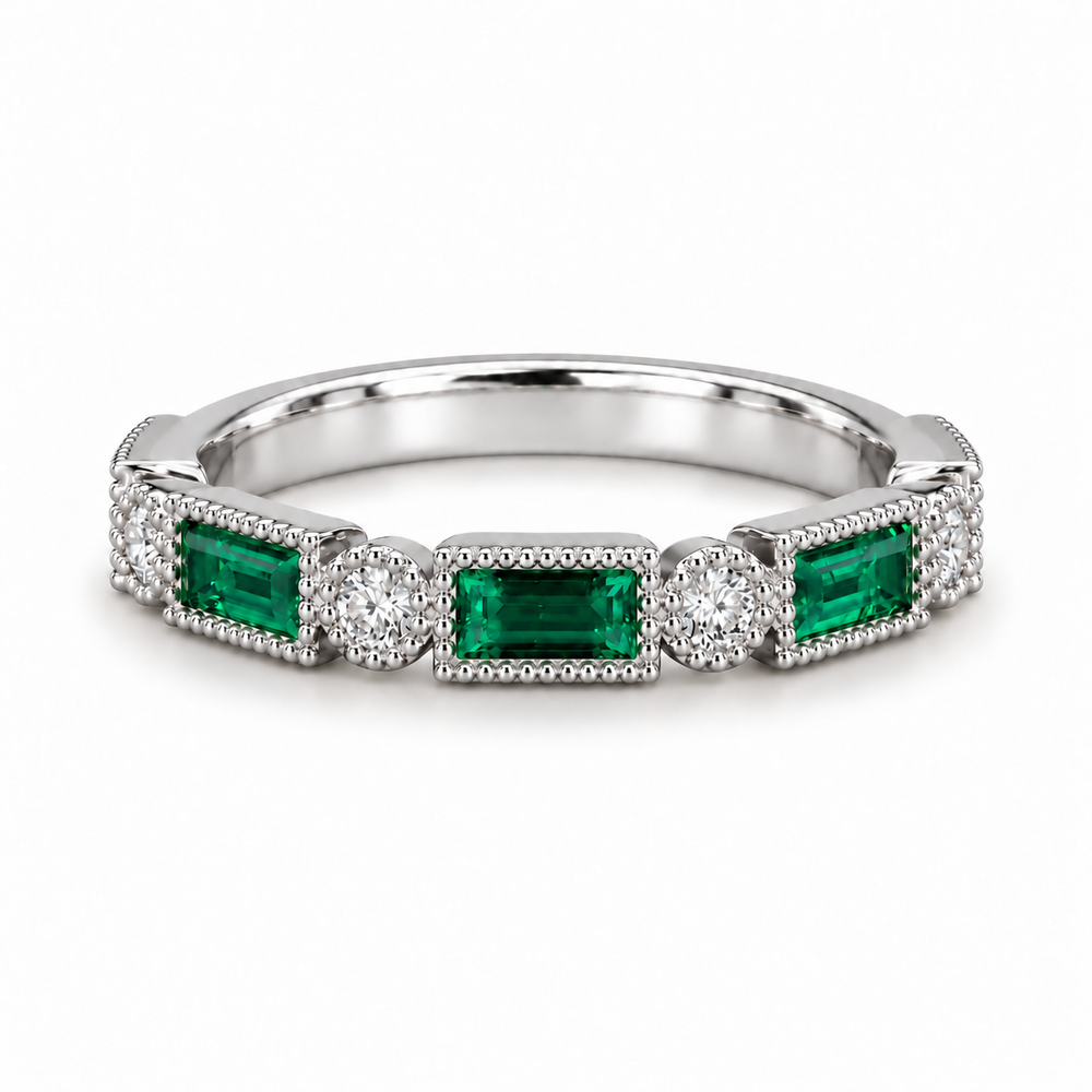 Baguette Colombian Emerald & Diamond Half-Eternity Band (2x5mm, 0.75ctw) in white gold