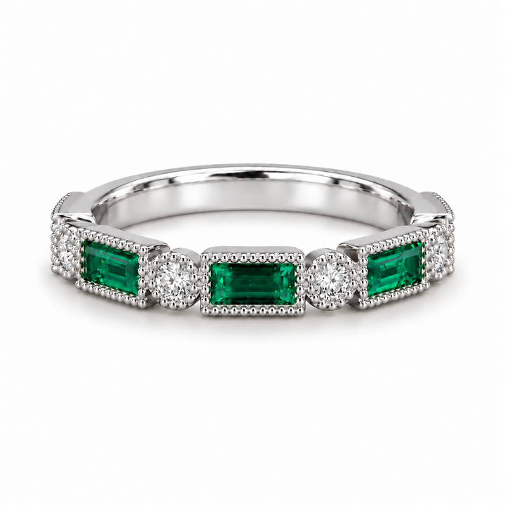 Baguette Colombian Emerald & Diamond Half-Eternity Band (2x5mm, 0.75ctw) in white gold