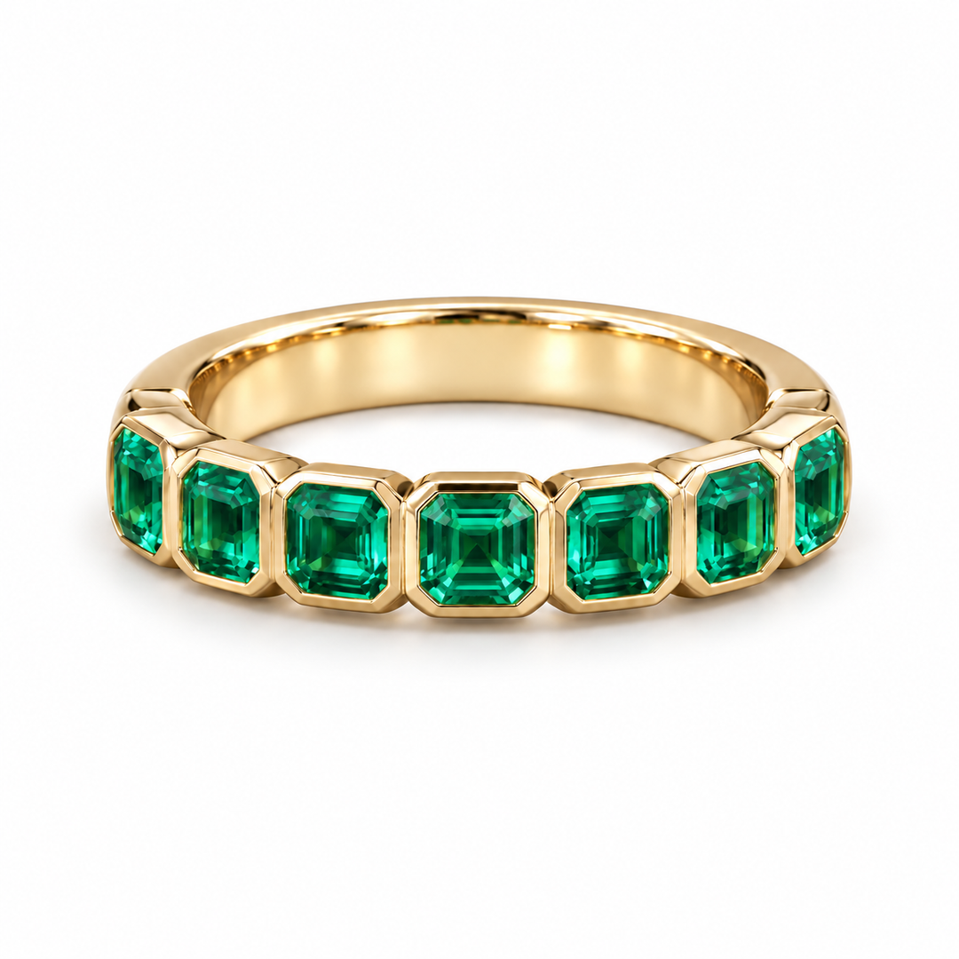 Asscher Colombian Emerald Half-Eternity Band (3.5mm, 1.75ctw) in yellow gold