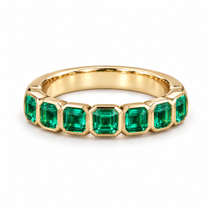 Asscher Colombian Emerald Half-Eternity Band (3.5mm, 1.75ctw) in yellow gold