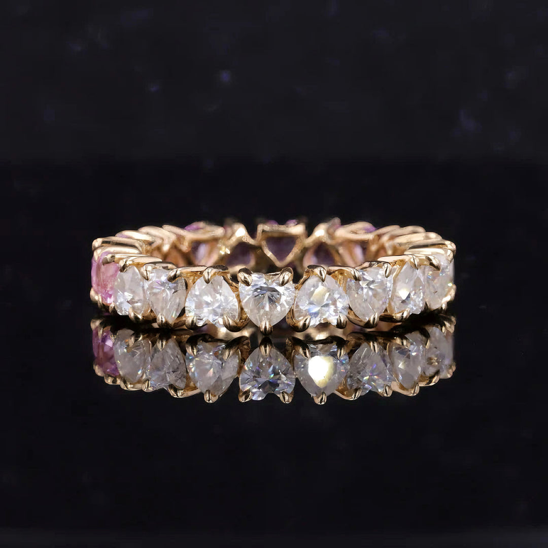 3.5mm, 4.40ctw Heart Lab-Grown Sakura Pink Sapphire & Diamond Eternity Band Ring in 14K Yellow Gold