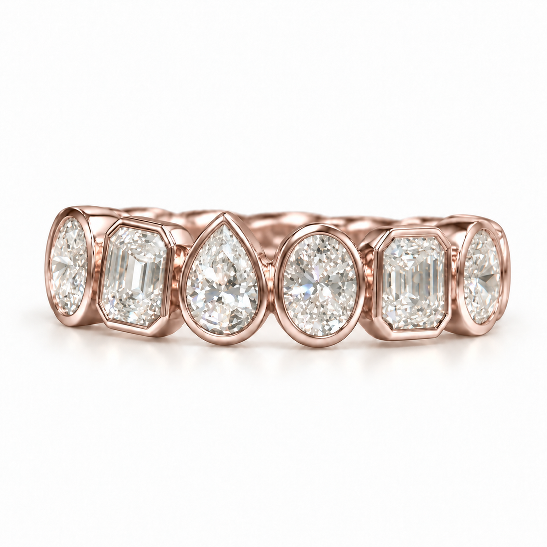 The Mosaic mixed-cut bezel diamond band in 14K rose gold, angled front view