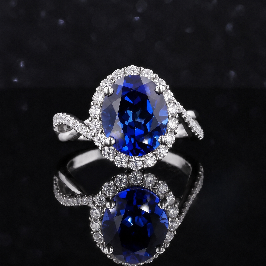 The Twisted Diana — Diamond Halo/Twist Band Oval Blue Sapphire Ring