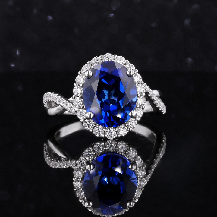 The Twisted Diana — Diamond Halo/Twist Band Oval Blue Sapphire Ring
