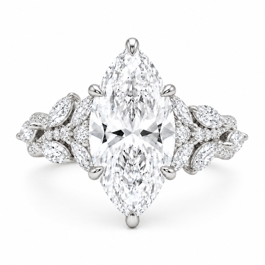 The Gardenia marquise lab diamond vine engagement ring in platinum