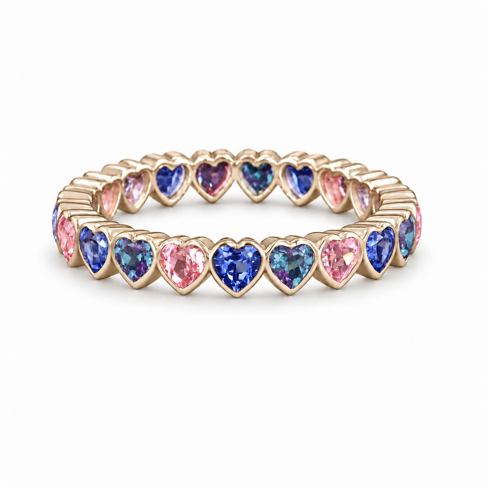 Heart Sapphire & Alexandrite Eternity Band (3.3mm, 3.50ctw) in yellow gold