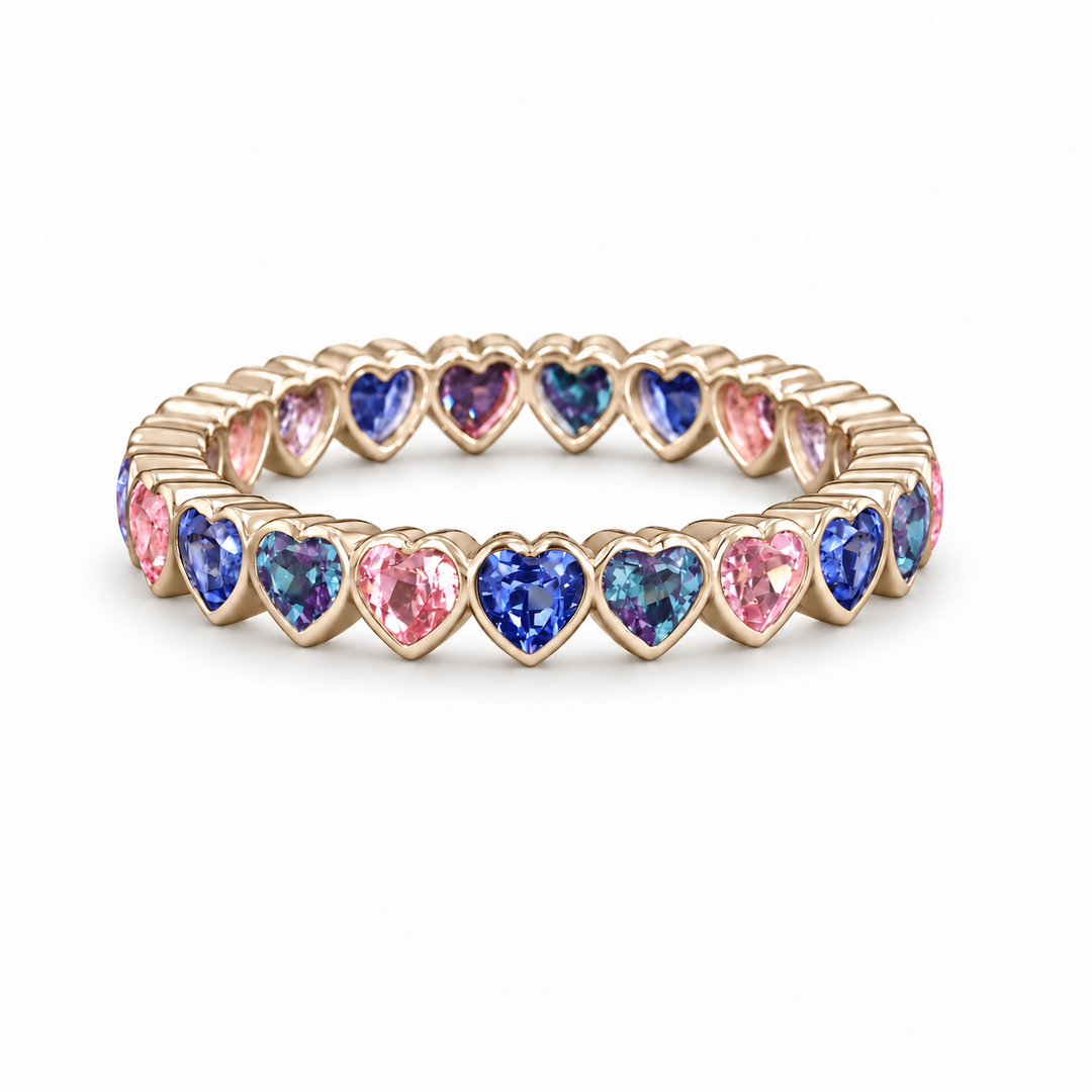 Heart Sapphire & Alexandrite Eternity Band (3.3mm, 3.50ctw) in yellow gold